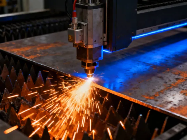 Fiber laser cutting carbon steel sheet at Lumentum facility